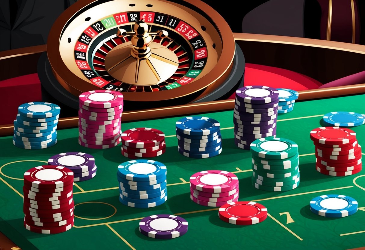 Colorful casino chips scattered on a green felt table with a spinning roulette wheel in the background