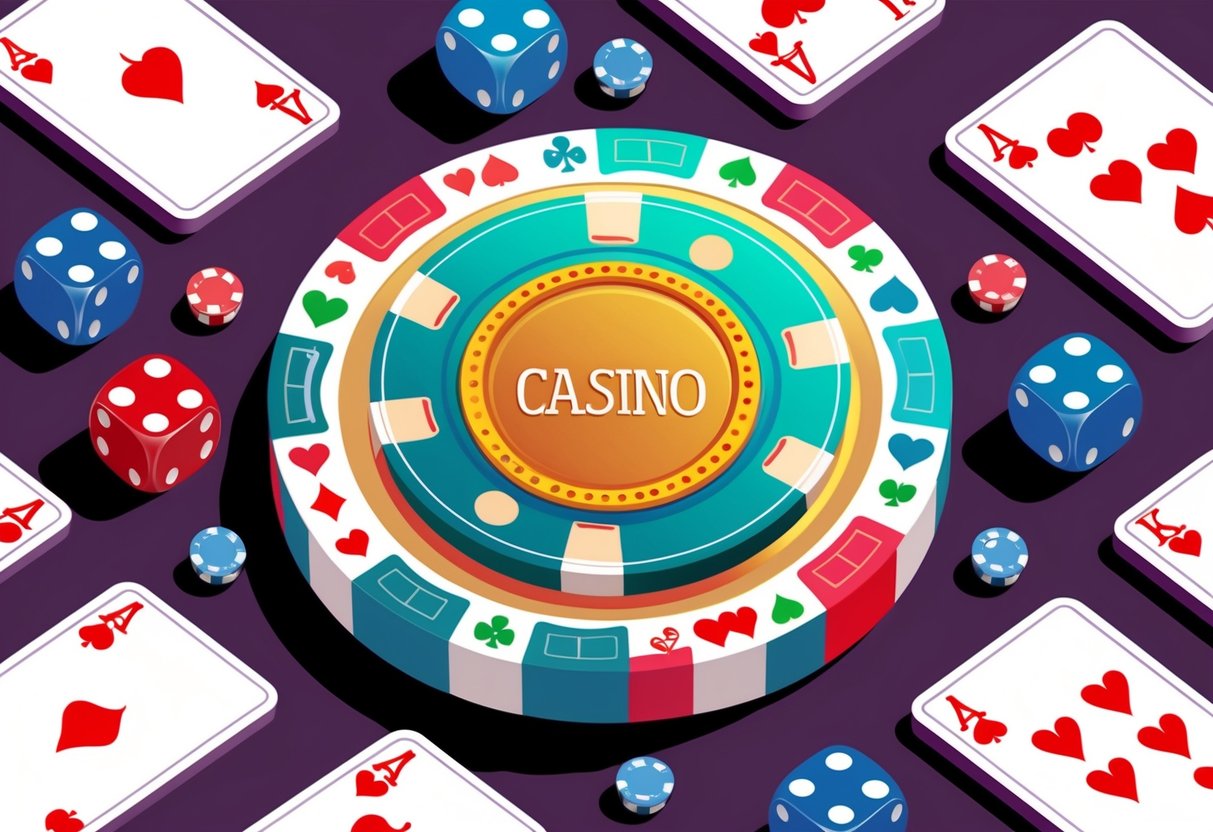 A colorful casino chip surrounded by playing cards and dice