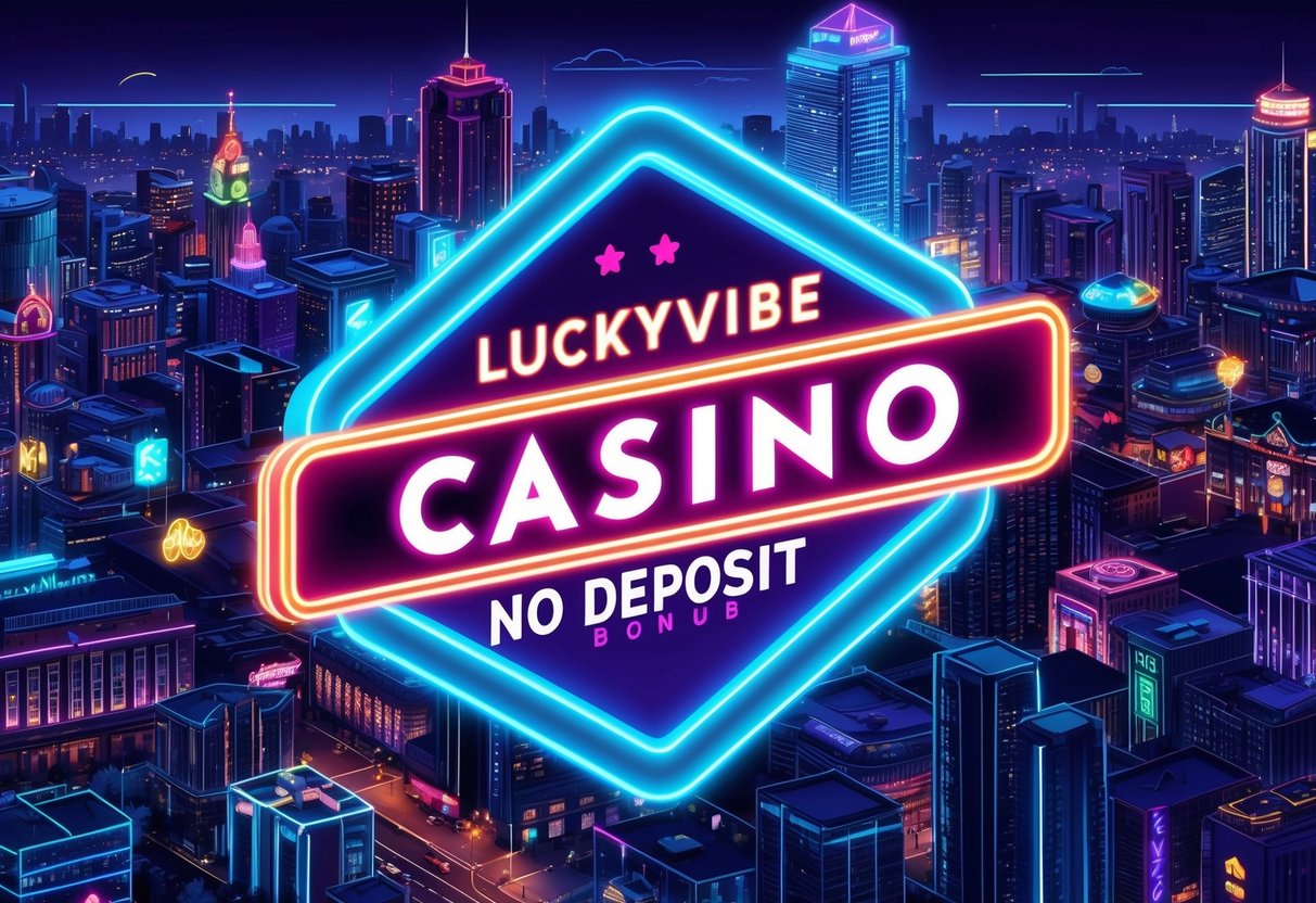 The glowing neon sign of "LuckyVibe Casino No Deposit Bonus" against a backdrop of a bustling city skyline at night