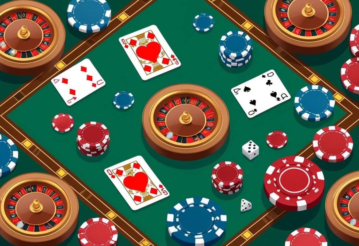 A casino-themed background with chips, cards, and dice scattered on a table