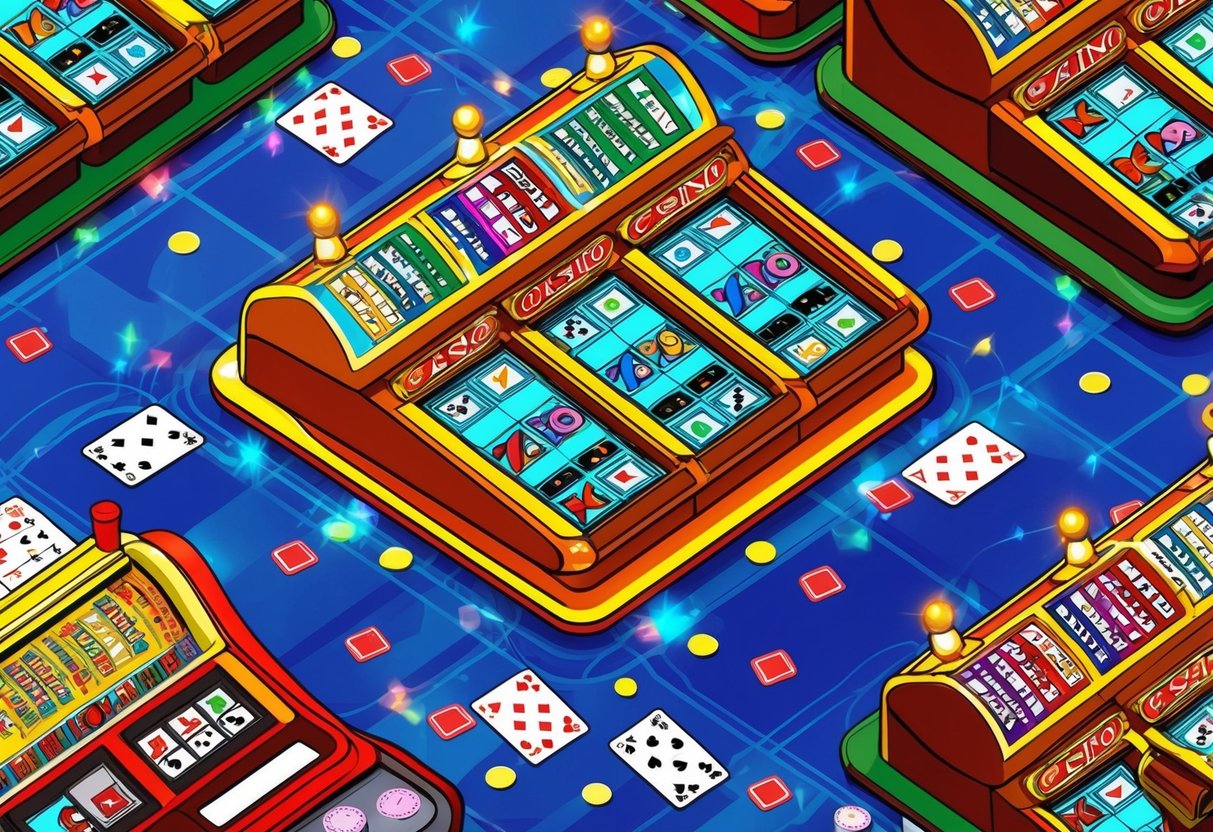 A colorful casino-themed background with slot machines and playing cards scattered on the floor. Bright lights and a festive atmosphere