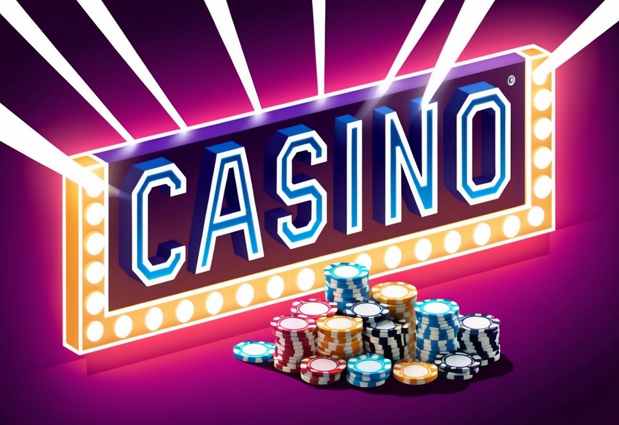 A glowing casino sign with beams of light and a pile of casino chips