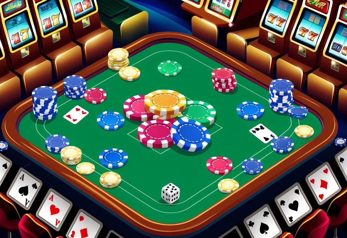 Colorful casino chips scattered on a green felt table with cards and dice, surrounded by flashing slot machines and a lively atmosphere