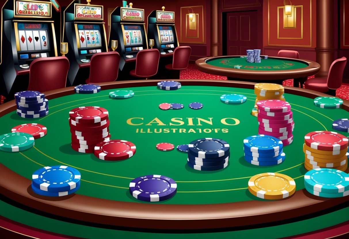 Colorful casino chips scattered on a green felt table. Slot machines and card tables in the background