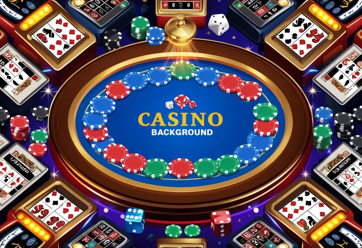 A colorful casino-themed background with chips, cards, and dice scattered on a table, surrounded by flashing lights and slot machines