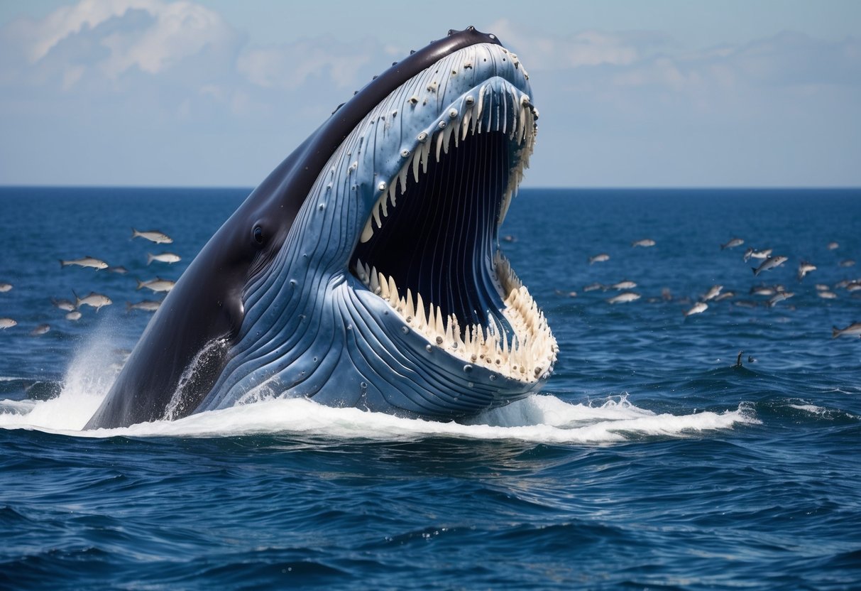 A blue whale opens its massive mouth to reveal rows of baleen as it swims through a school of fish