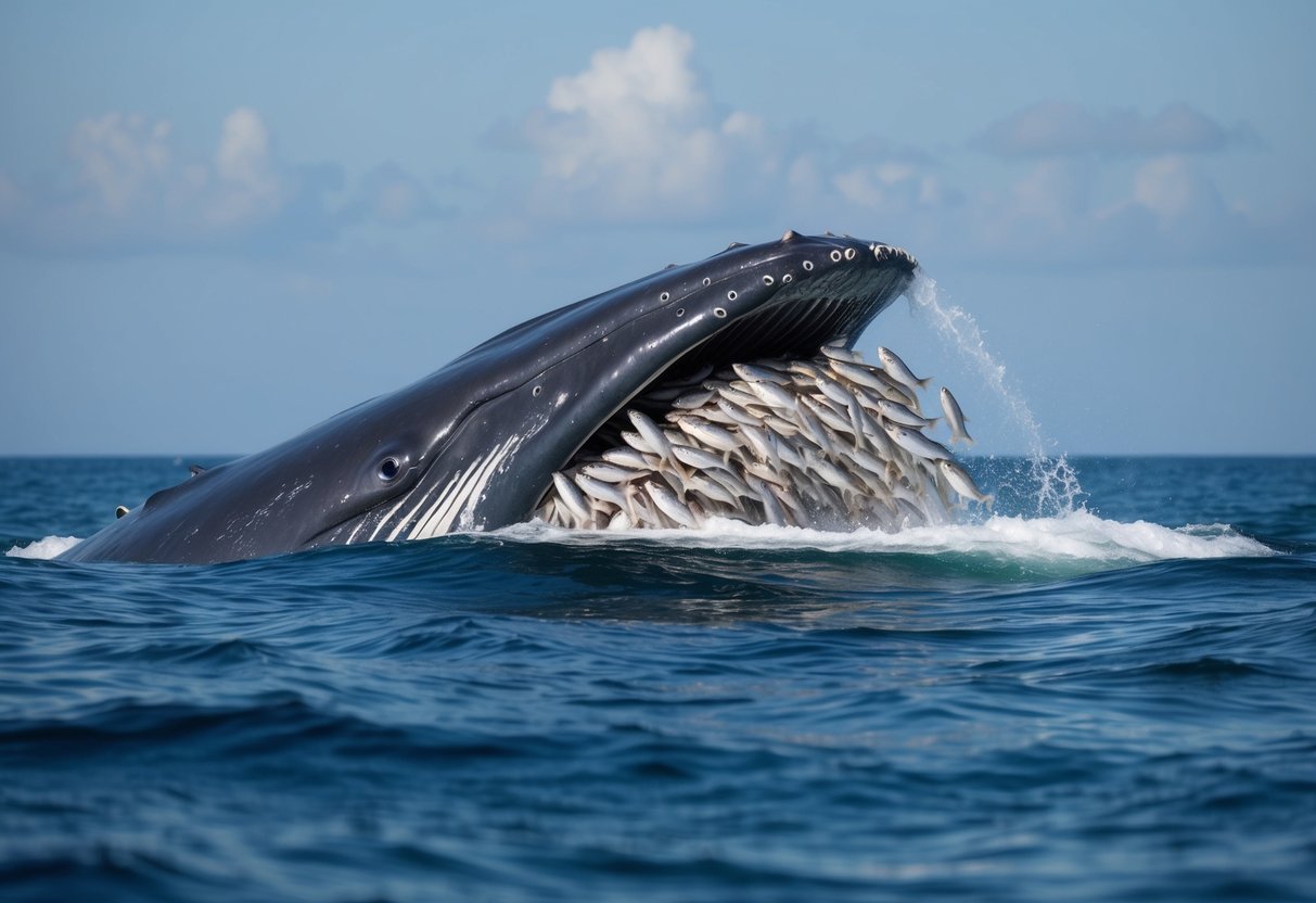 A blue whale's massive mouth engulfs a school of small fish, illustrating its ability to filter feed
