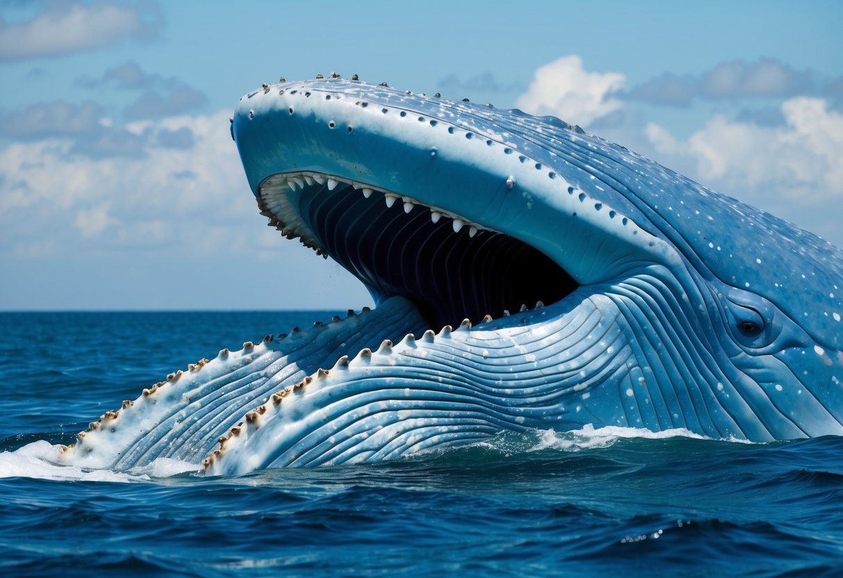 A blue whale opens its massive mouth to reveal rows of baleen plates, filtering tons of tiny krill from the water