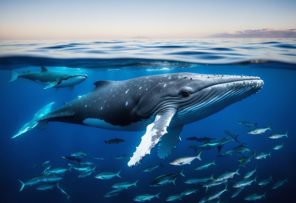 A blue whale swims peacefully in the ocean, surrounded by schools of fish and other marine life