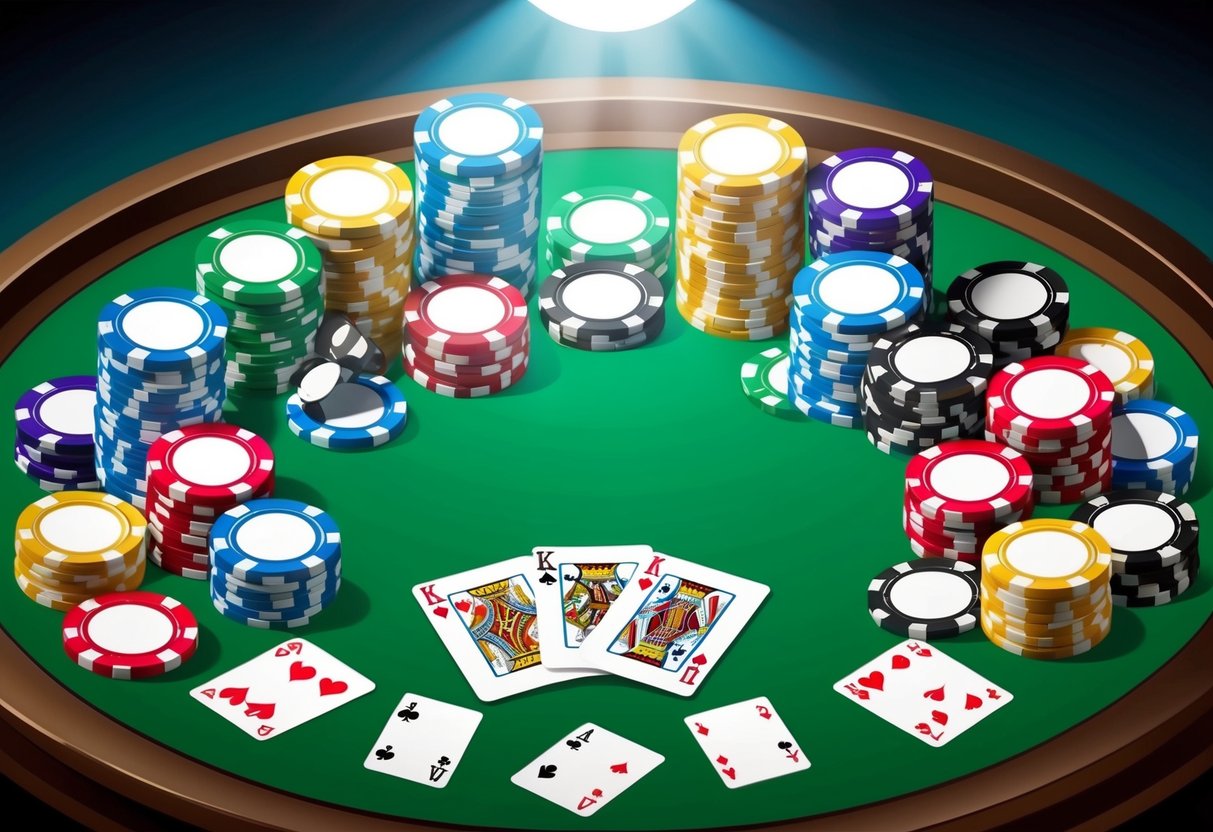 Colorful casino chips and playing cards scattered on a green felt table with a bright spotlight overhead