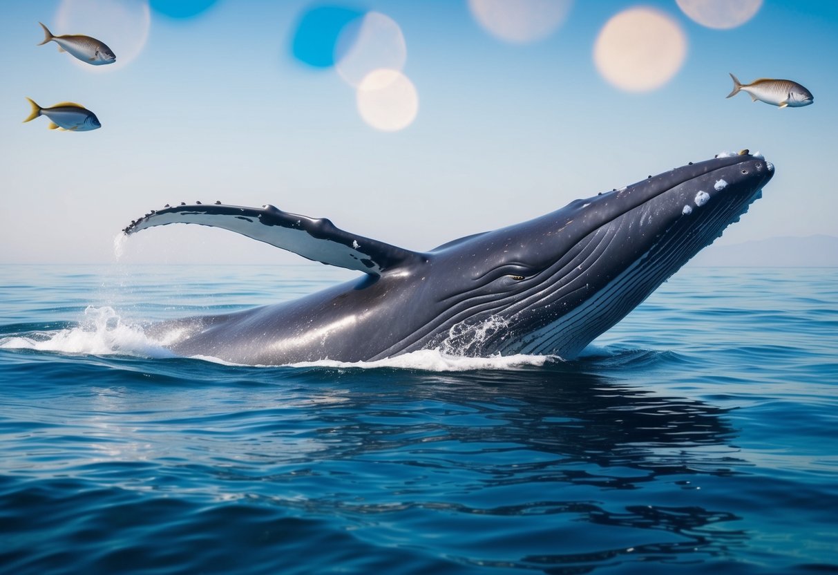 A blue whale swims peacefully in the ocean, surrounded by smaller fish and marine life
