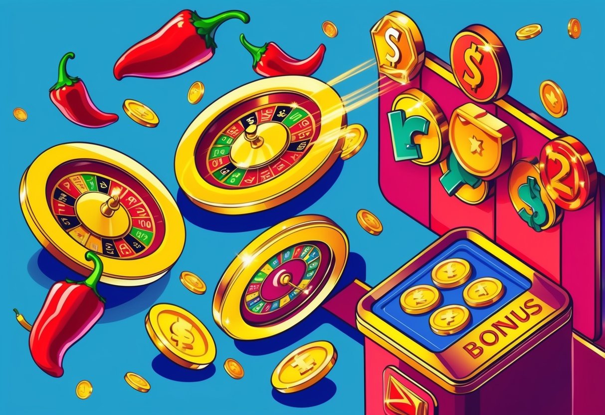 A colorful casino-themed illustration with spinning chilli peppers and bonus symbols