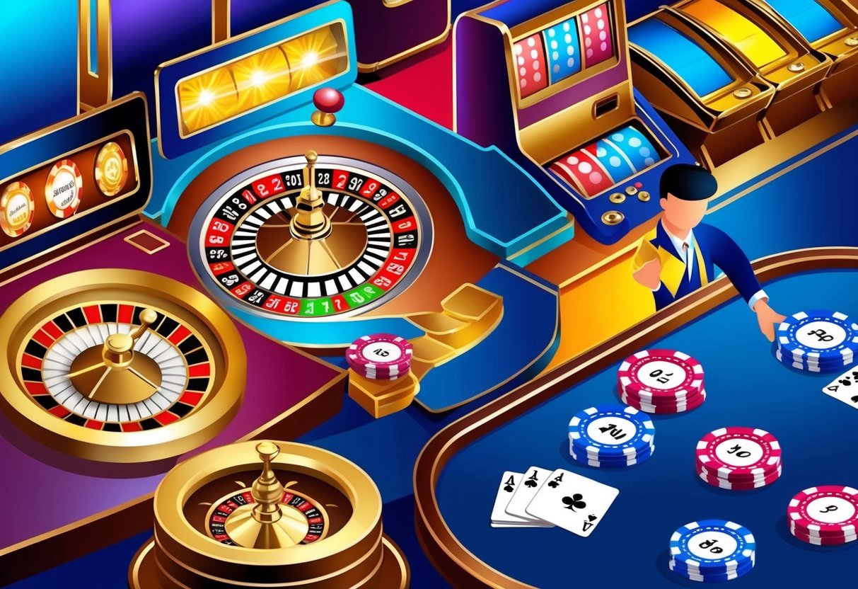 Colorful casino chips spinning around a roulette wheel. Slot machines flashing with lights and spinning reels. A dealer shuffling cards at a blackjack table