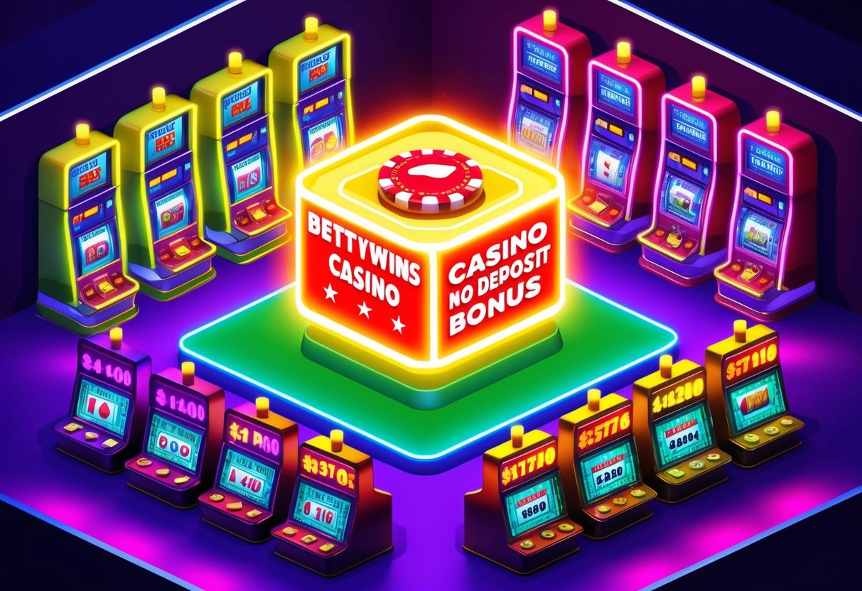 A vibrant casino setting with colorful slot machines and a glowing neon sign for "BettyWins Casino No Deposit Bonus."