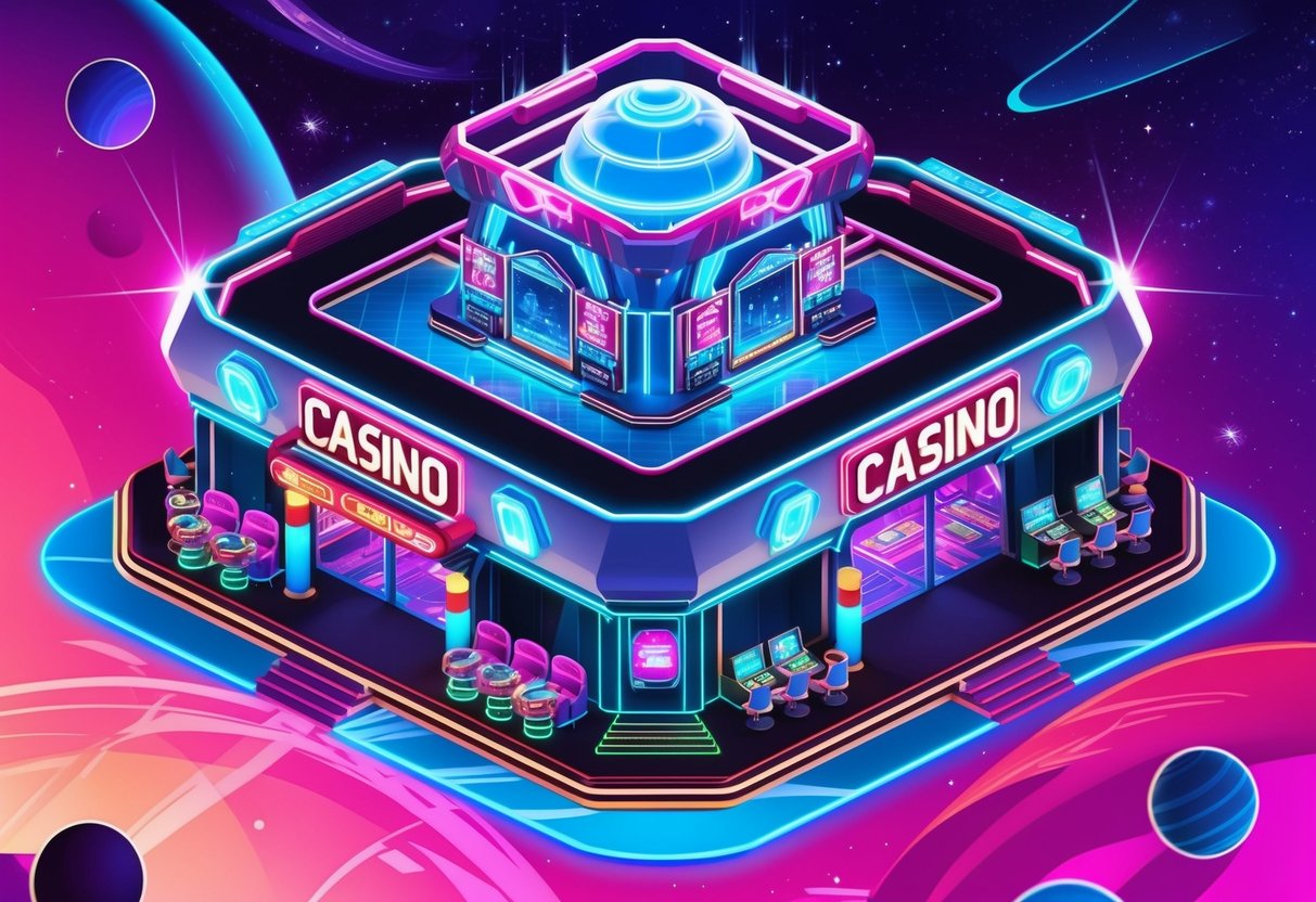 A space-themed casino with futuristic architecture and neon lights