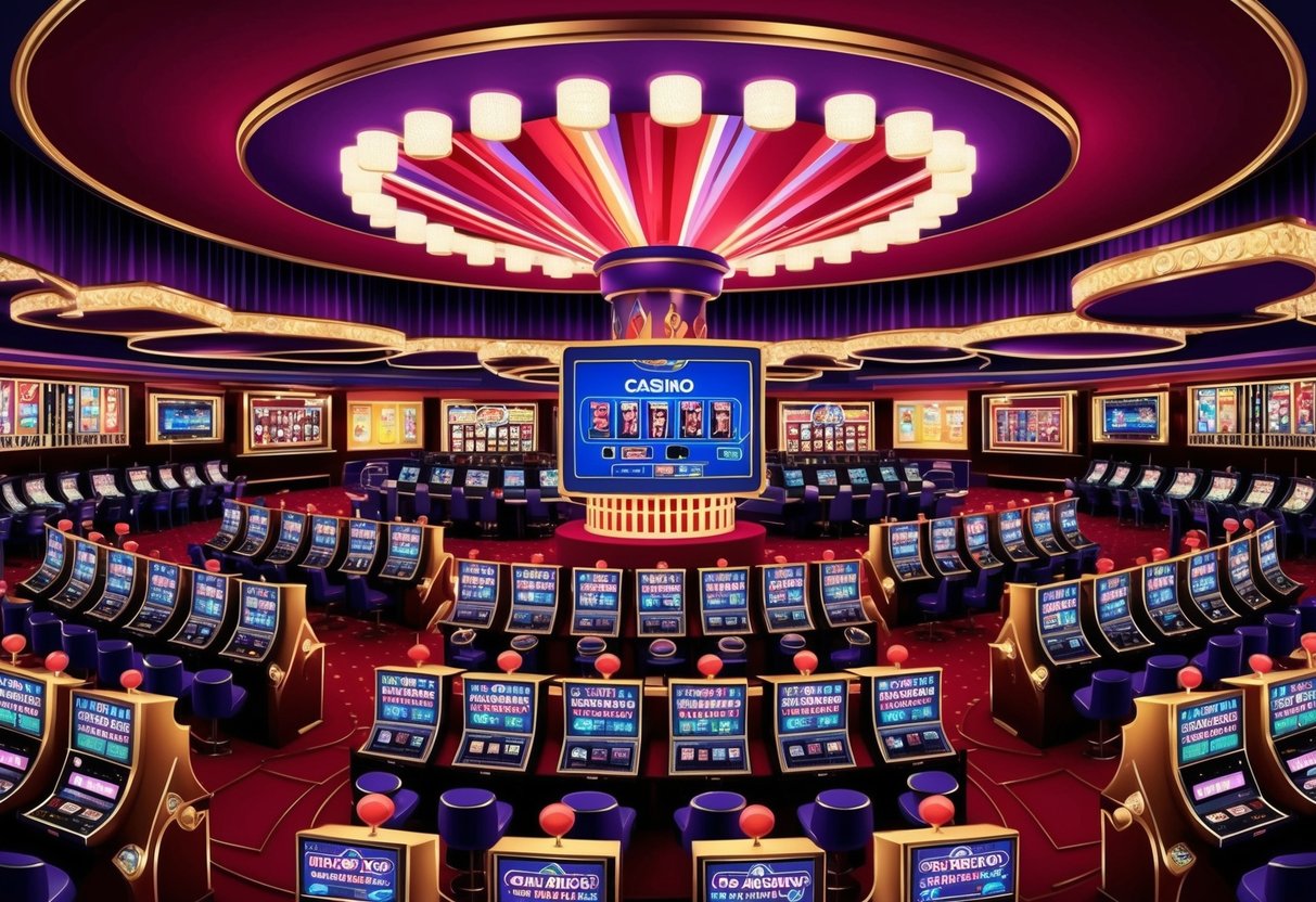 A vibrant casino scene with flashing lights and slot machines