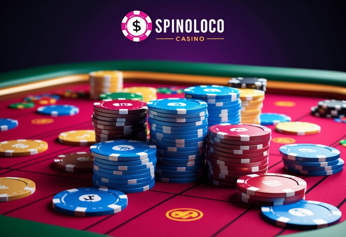 Colorful casino chips scattered on a vibrant gaming table with the Spinoloco Casino logo in the background