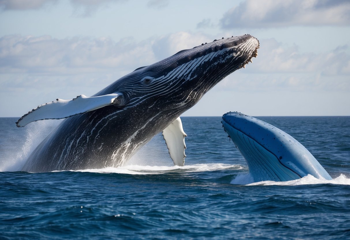A massive humpback whale dwarfs the blue whale as they swim side by side in the open ocean
