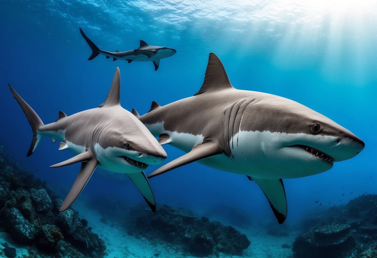 A colossal, prehistoric Megalodon shark swimming alongside a massive, ancient sea creature, the Leedsichthys, in the deep ocean