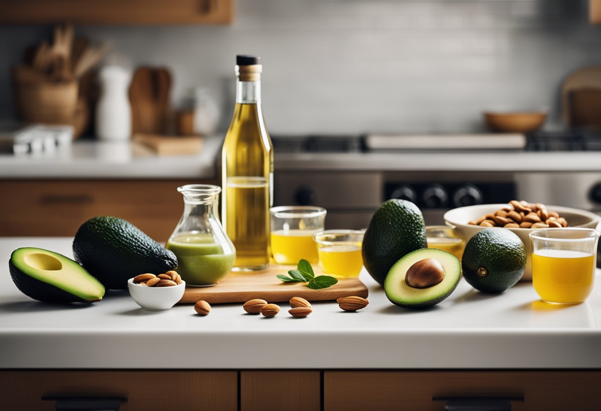 Uma bancada de cozinha com uma variedade de alimentos ricos em gordura e baixos em carboidratos, como abacates, nozes e azeite. Uma balança e copos medidores estão próximos.