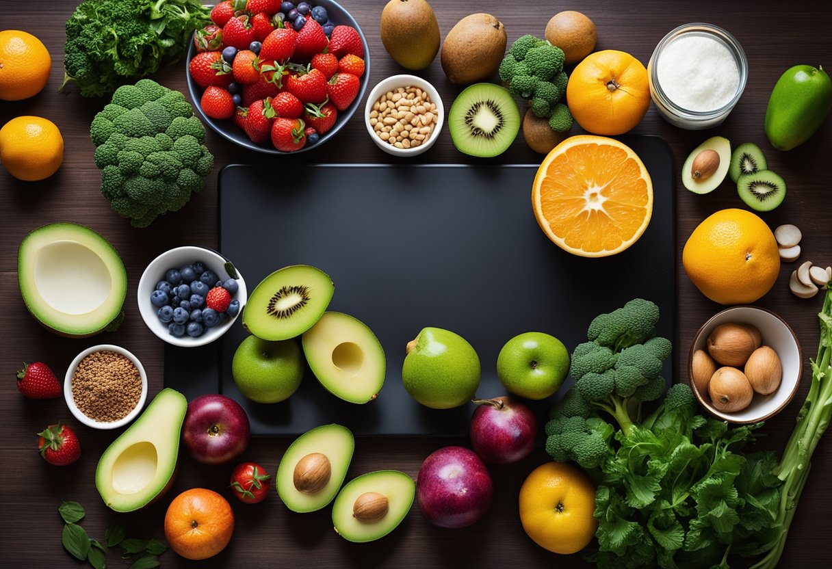 Uma variedade colorida de alimentos e ingredientes compatíveis com a dieta cetogênica, cercada por frutas e vegetais vibrantes. Uma balança e copos medidores estão próximos, destacando o foco no controle de porções e na medição precisa na dieta cetogênica.