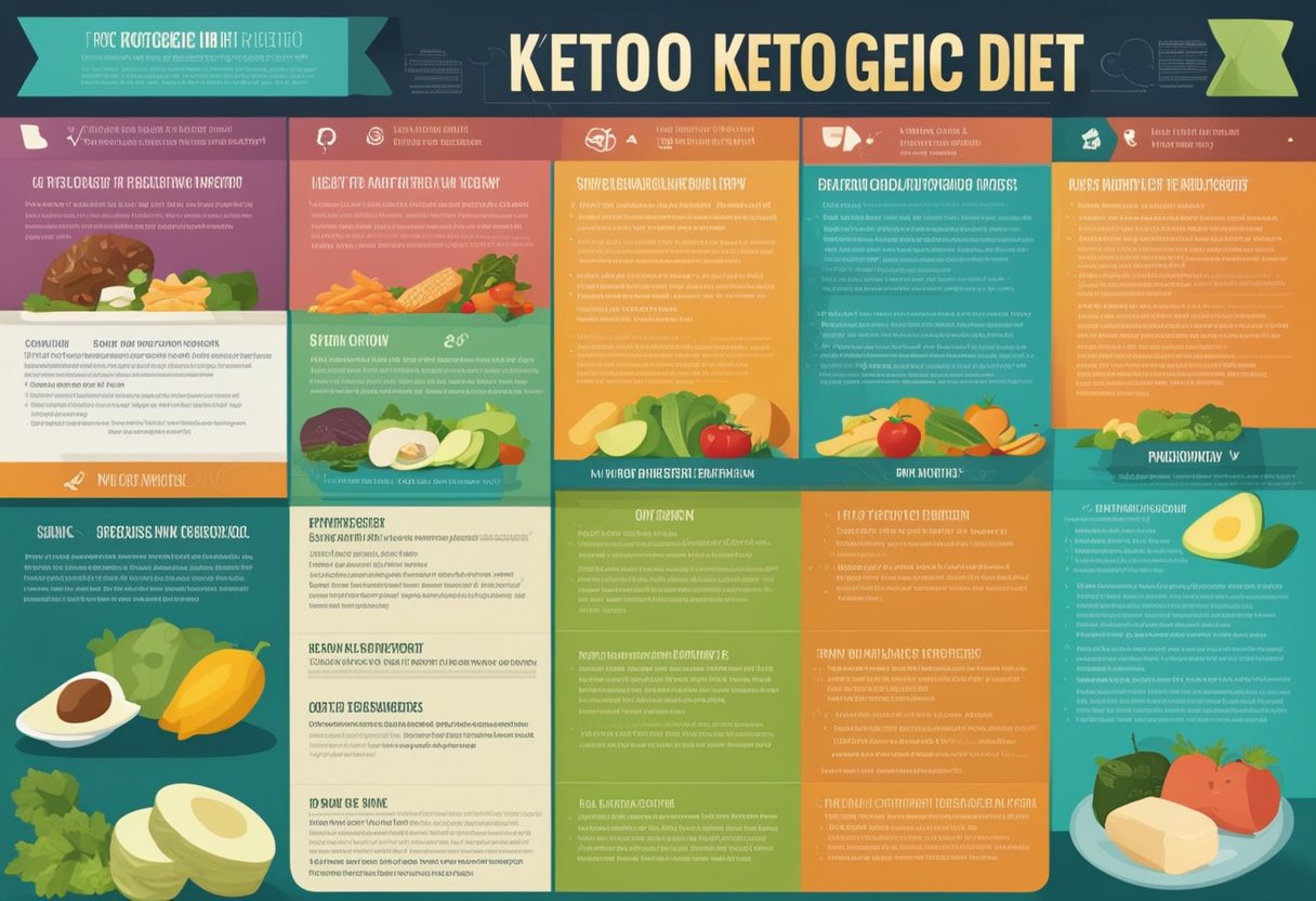 Uma infografia colorida comparando os prós e contras da dieta cetogênica, com uma representação visual clara de como ela funciona