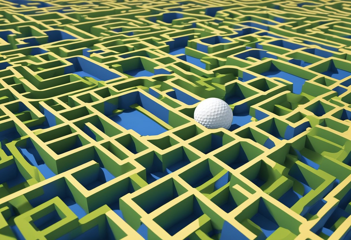 A golf ball rolling backwards through a maze of obstacles on a blueprint-style course