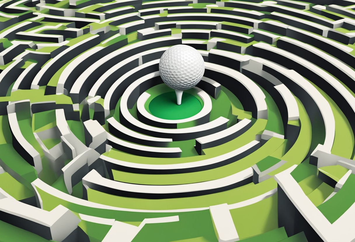 A golf ball rolling in reverse through a maze of obstacles