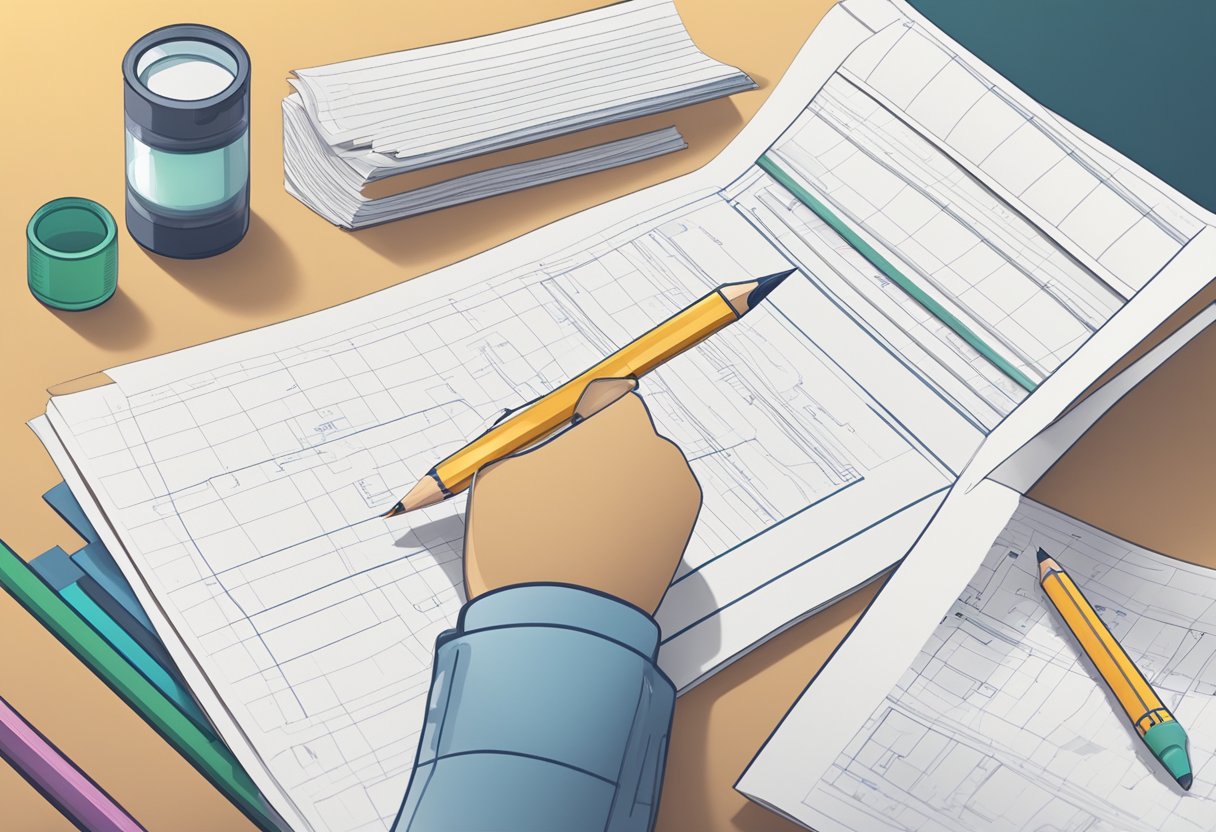 An AI analyzing and grading a stack of papers with a pencil and ruler nearby