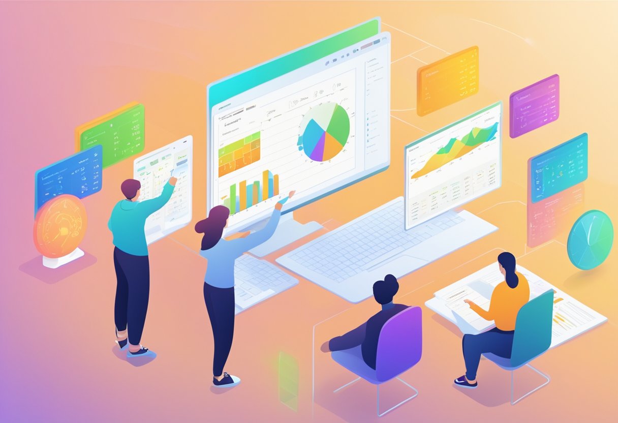 An AI algorithm analyzing and grading student assignments with a digital interface, displaying scores and feedback
