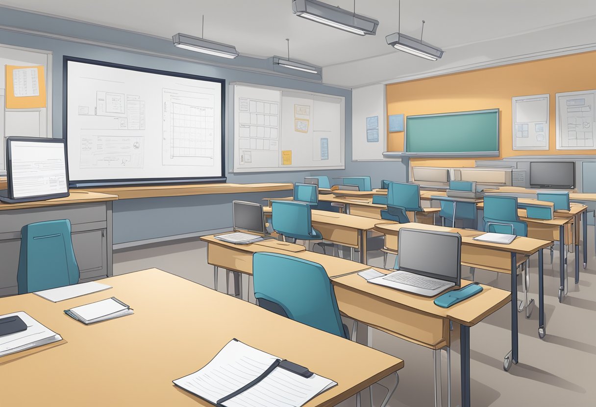 A classroom with AI technology grading papers on a desk