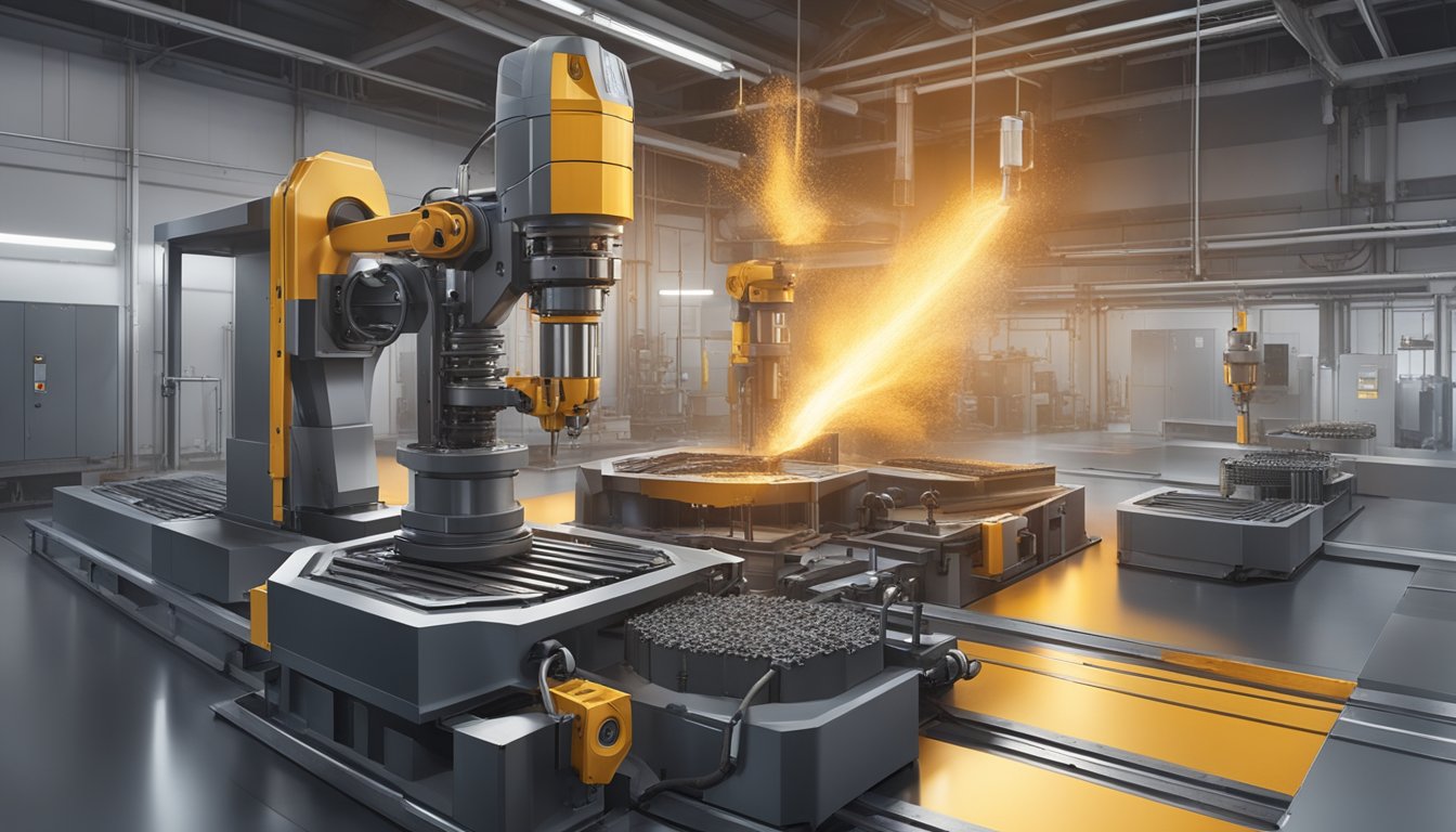 Molten metal poured into molds, cooled, and shaped into carbide drill bits by robotic arms in a high-tech manufacturing facility