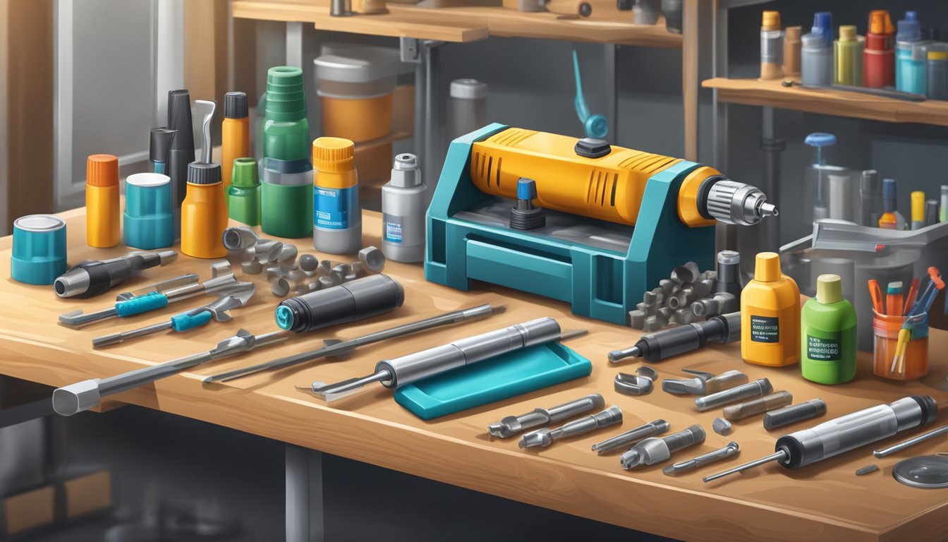 A workbench with metal drill bits arranged neatly, surrounded by various tools and containers of lubricant and cleaning solution