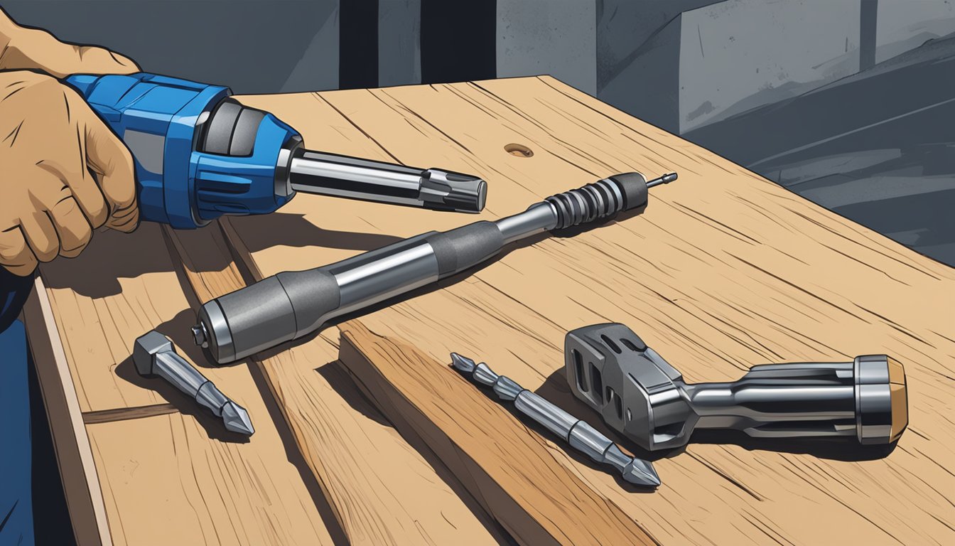 A hand holding two drill bits, one cobalt and one carbide, with a table covered in wood, metal, and concrete materials in the background