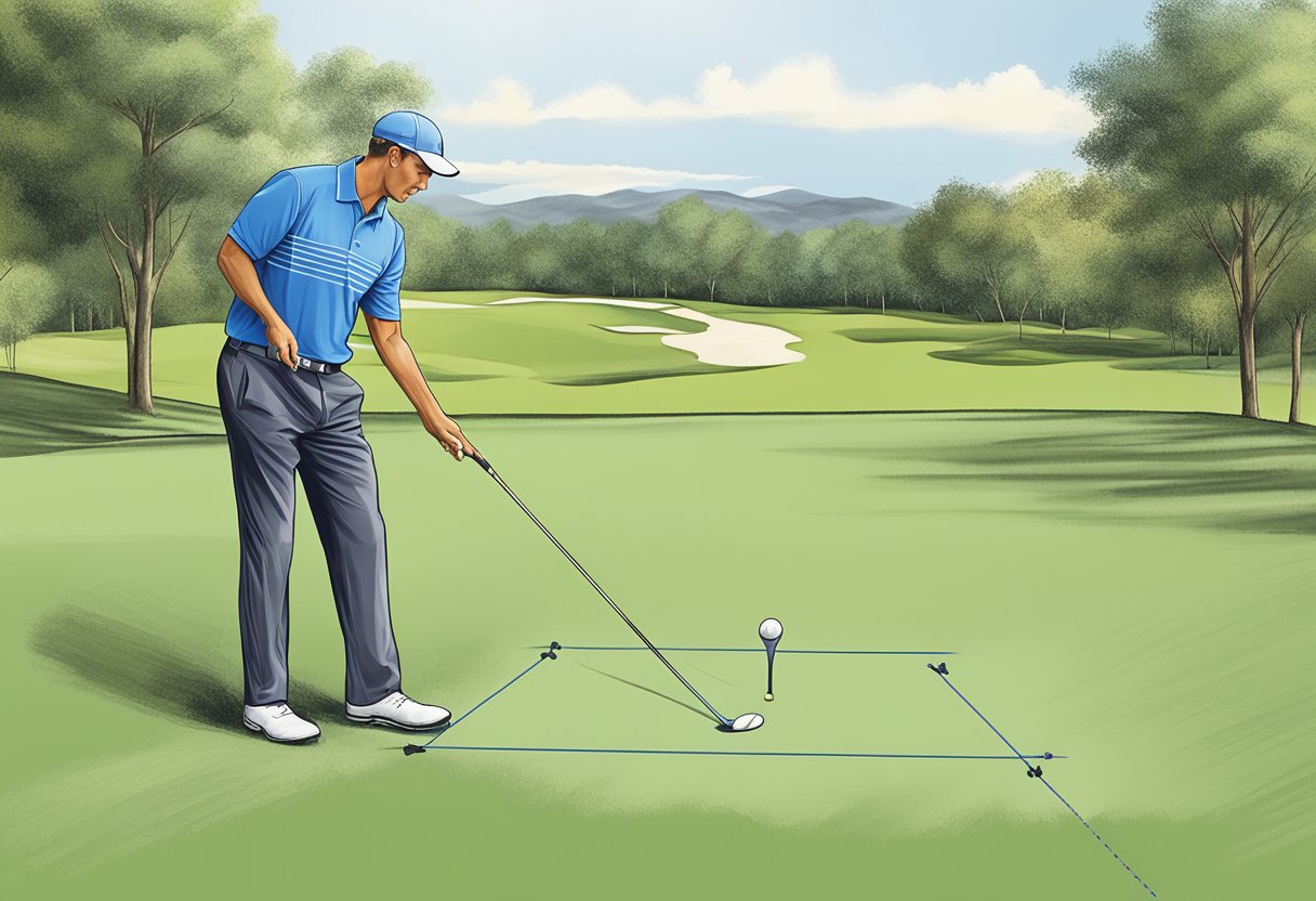 A golfer adjusts ball position on a tee, demonstrating how it affects swing trajectory