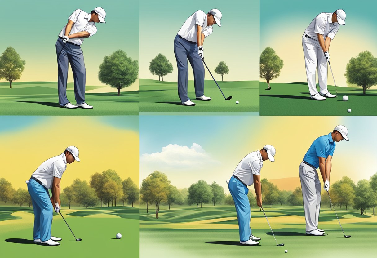 A golf ball positioned at various distances from a tee, with a golfer adjusting their swing