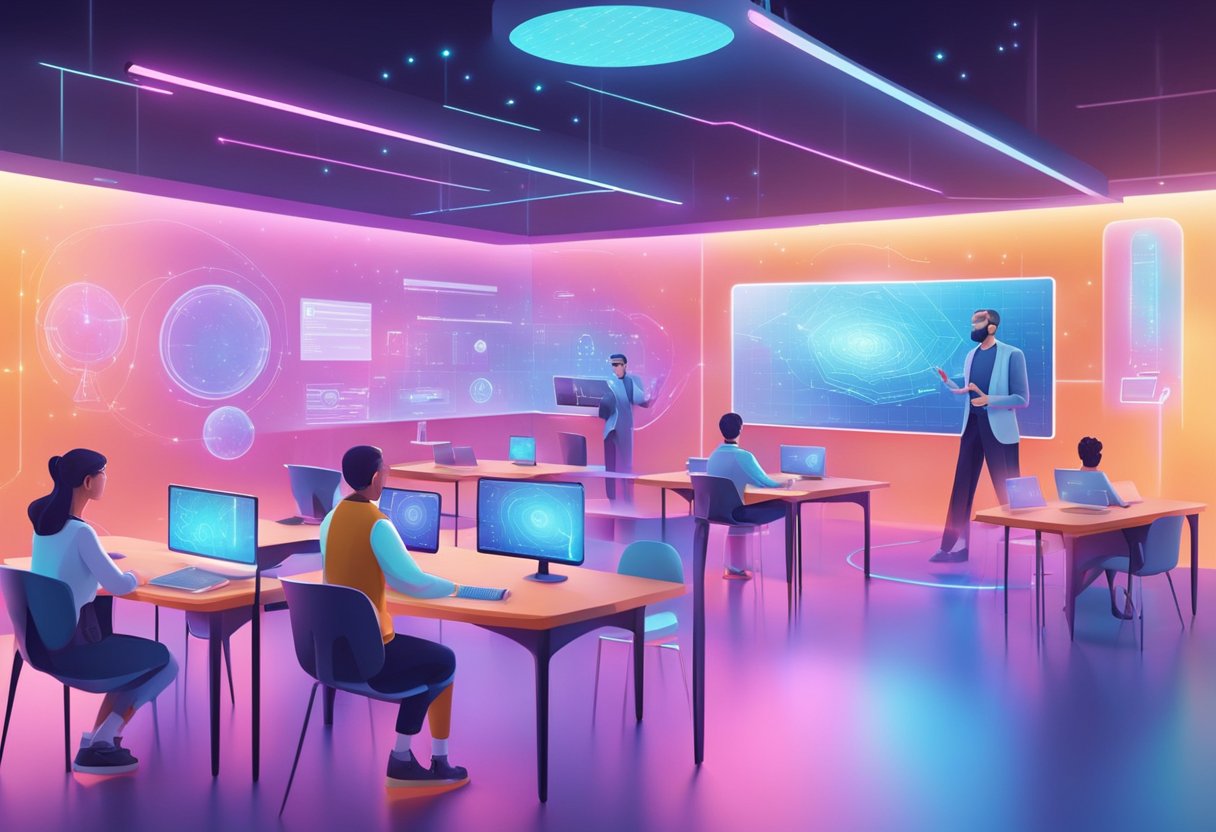 A futuristic classroom with AI creating educational content on holographic screens