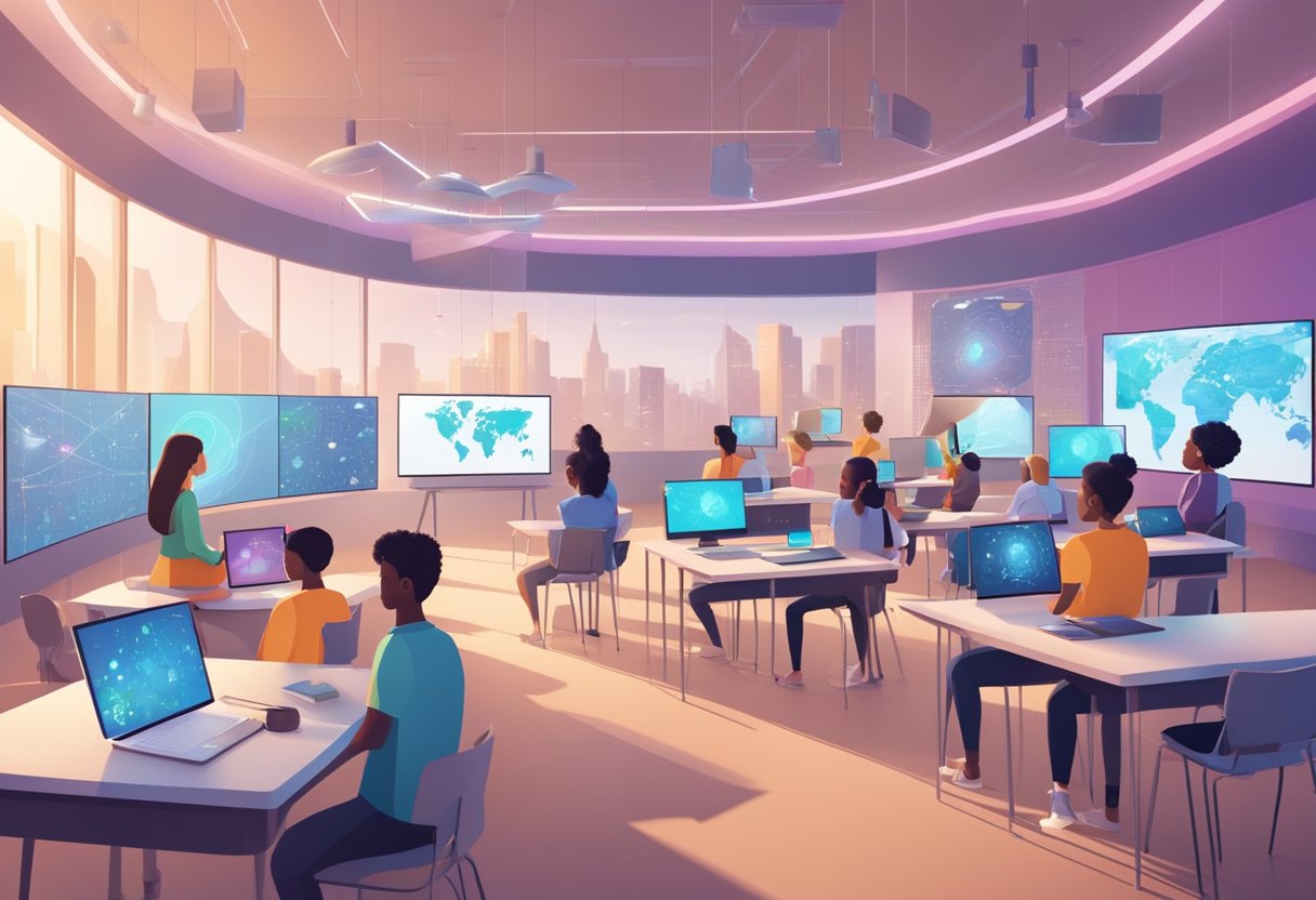 A futuristic classroom with AI-generated educational content displayed on holographic screens, while teachers and students collaborate in a dynamic learning environment