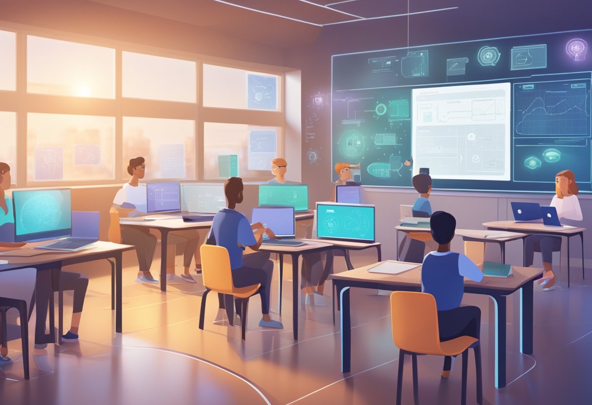 A classroom setting with AI technology seamlessly integrated into the curriculum planning process, with futuristic content creation tools in use