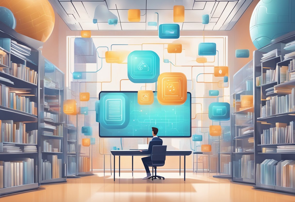 An AI system generating educational content for a digital curriculum, with futuristic technology and a focus on innovation
