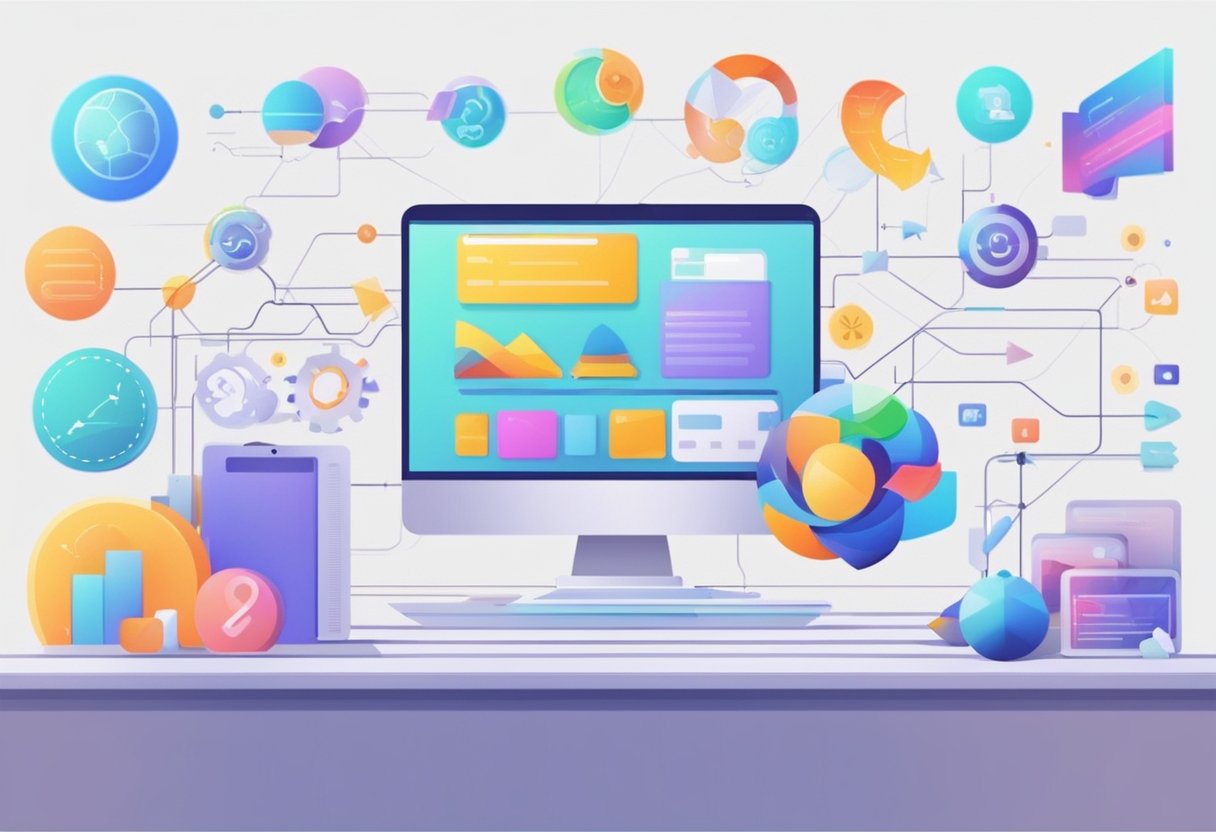 An AI program generates and organizes educational content for a digital curriculum, with colorful graphics and interactive elements