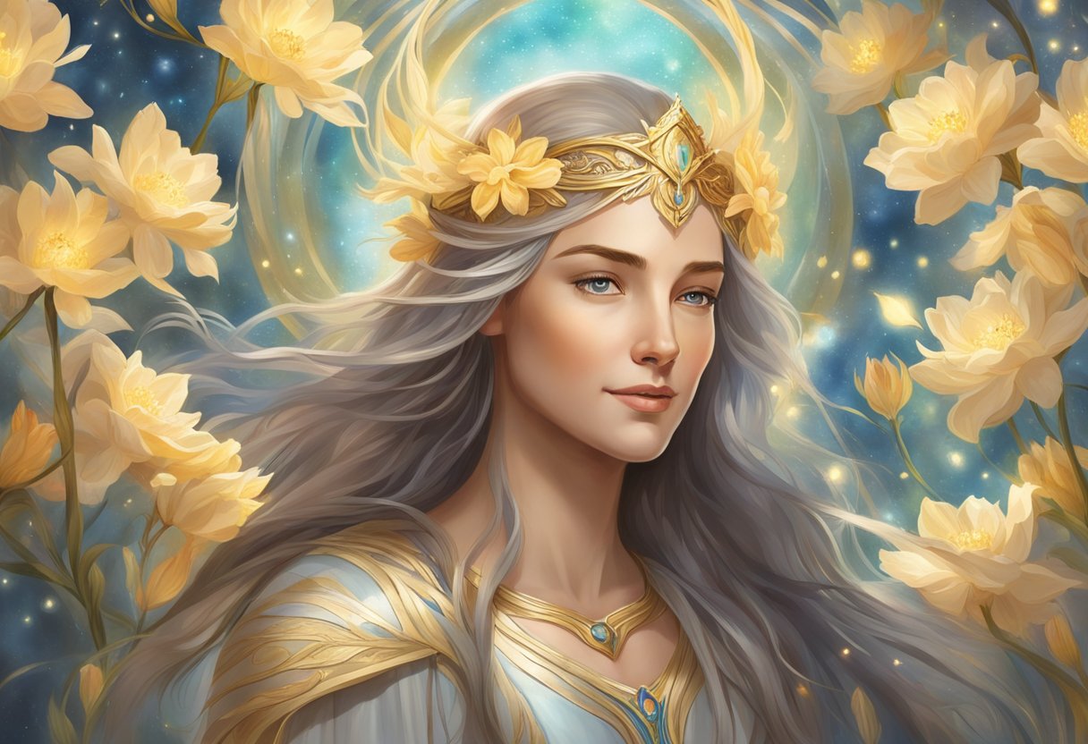 The radiant Ilmarë of Valinor embraces a group of joyful spirits, surrounded by swirling ribbons of light and blossoms of love