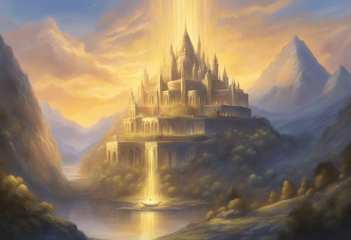 Ilmarë, radiant and ethereal, glides through the golden halls of Valinor, her presence illuminating the ancient city with a soft, otherworldly glow