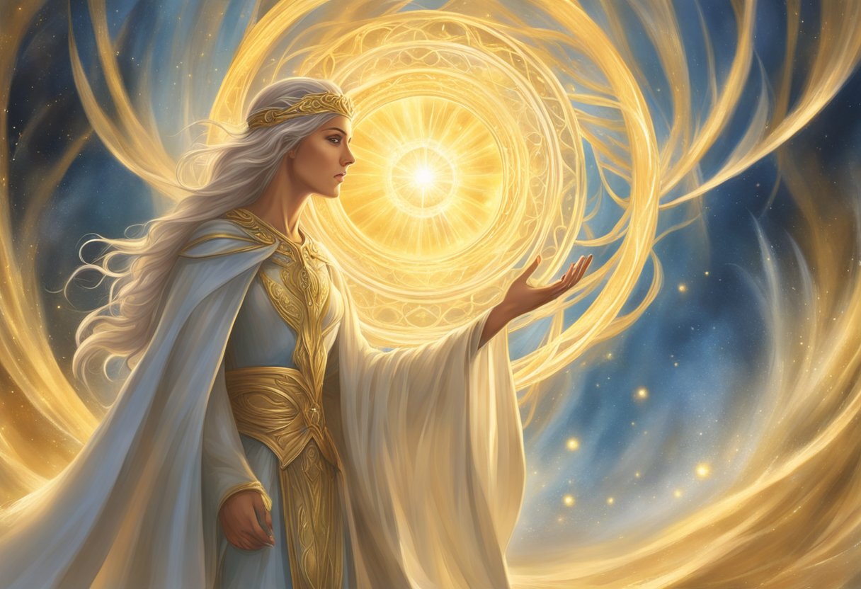 Ilmarë, a radiant spirit of Valinor, surrounded by swirling golden light and ethereal energy, answering questions with grace and wisdom