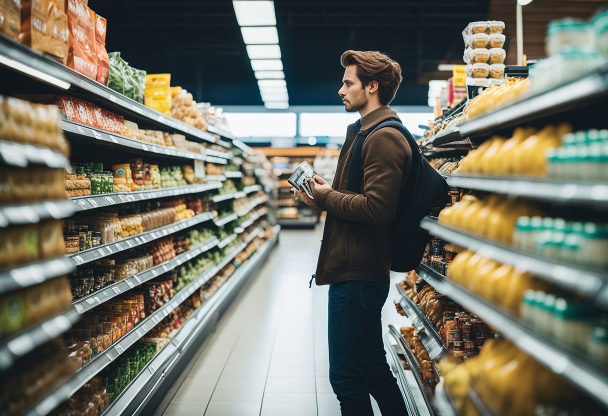 A person standing in a grocery store aisle filled with expensive pre-packaged vegan foods, looking frustrated while holding a wallet