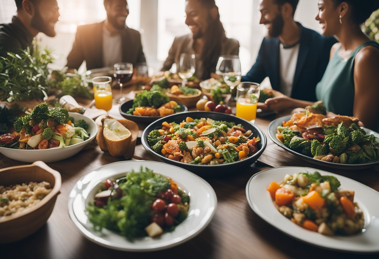 A table filled with colorful plant-based dishes, surrounded by friends laughing and enjoying the holiday meal