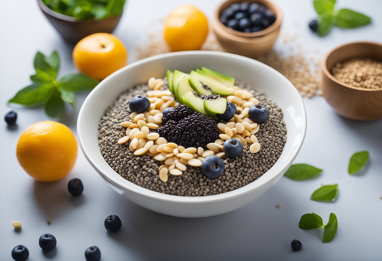 A bowl filled with chia seeds, accompanied by other high-fiber vegan foods, such as fruits, vegetables, and whole grains, arranged in an appealing and appetizing manner