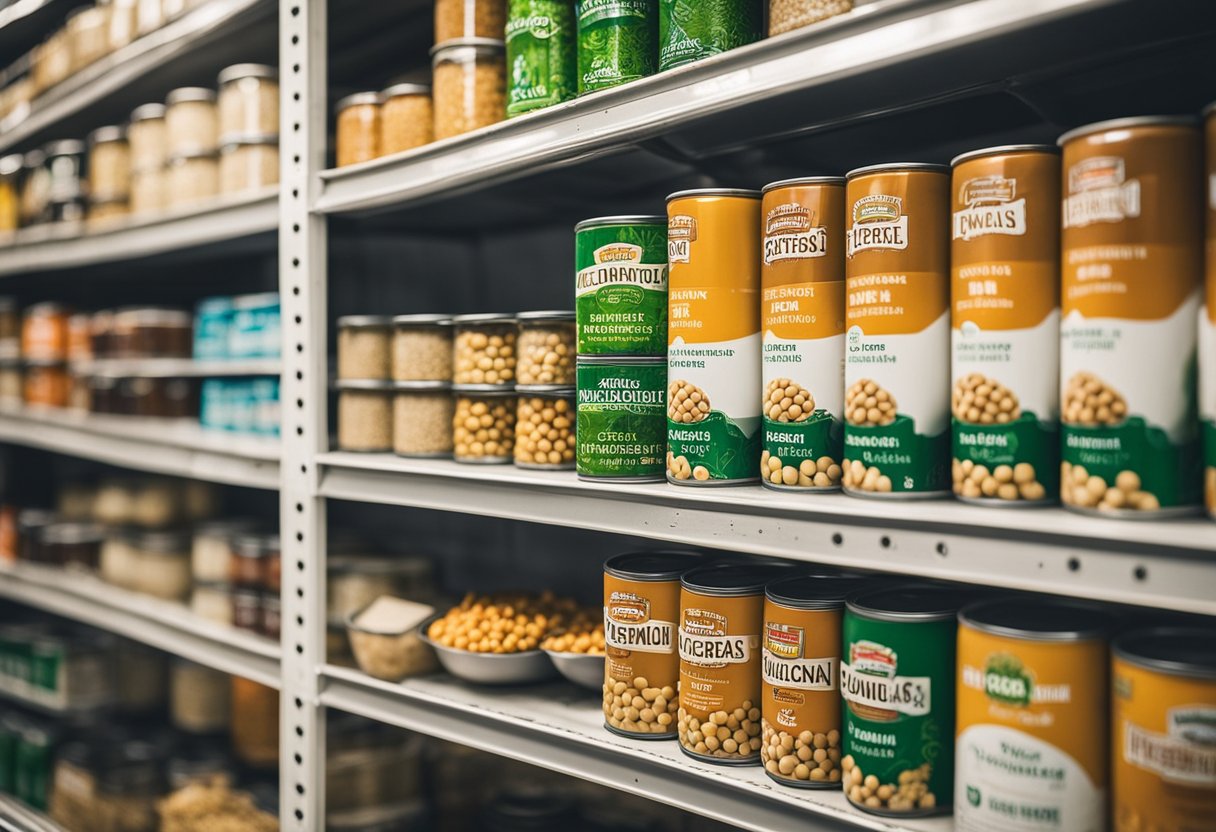 A pantry shelf lined with neatly stacked cans of chickpeas, alongside other affordable vegan staples like rice, lentils, and quinoa