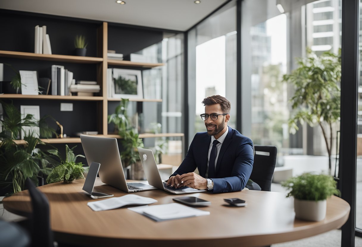 A real estate agent answering questions about local SEO in an office setting