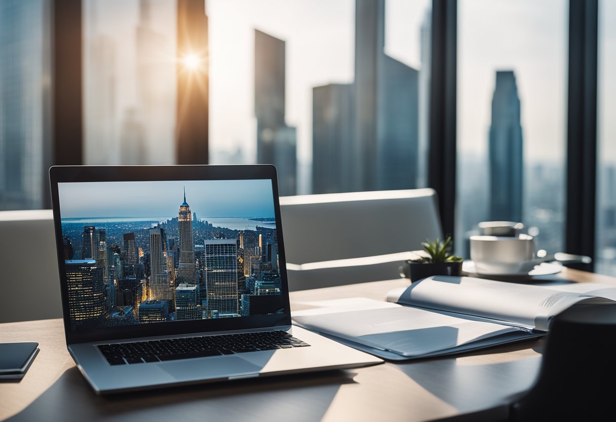 A modern office desk with a laptop, real estate brochures, and a sleek pen. A city skyline view through a window